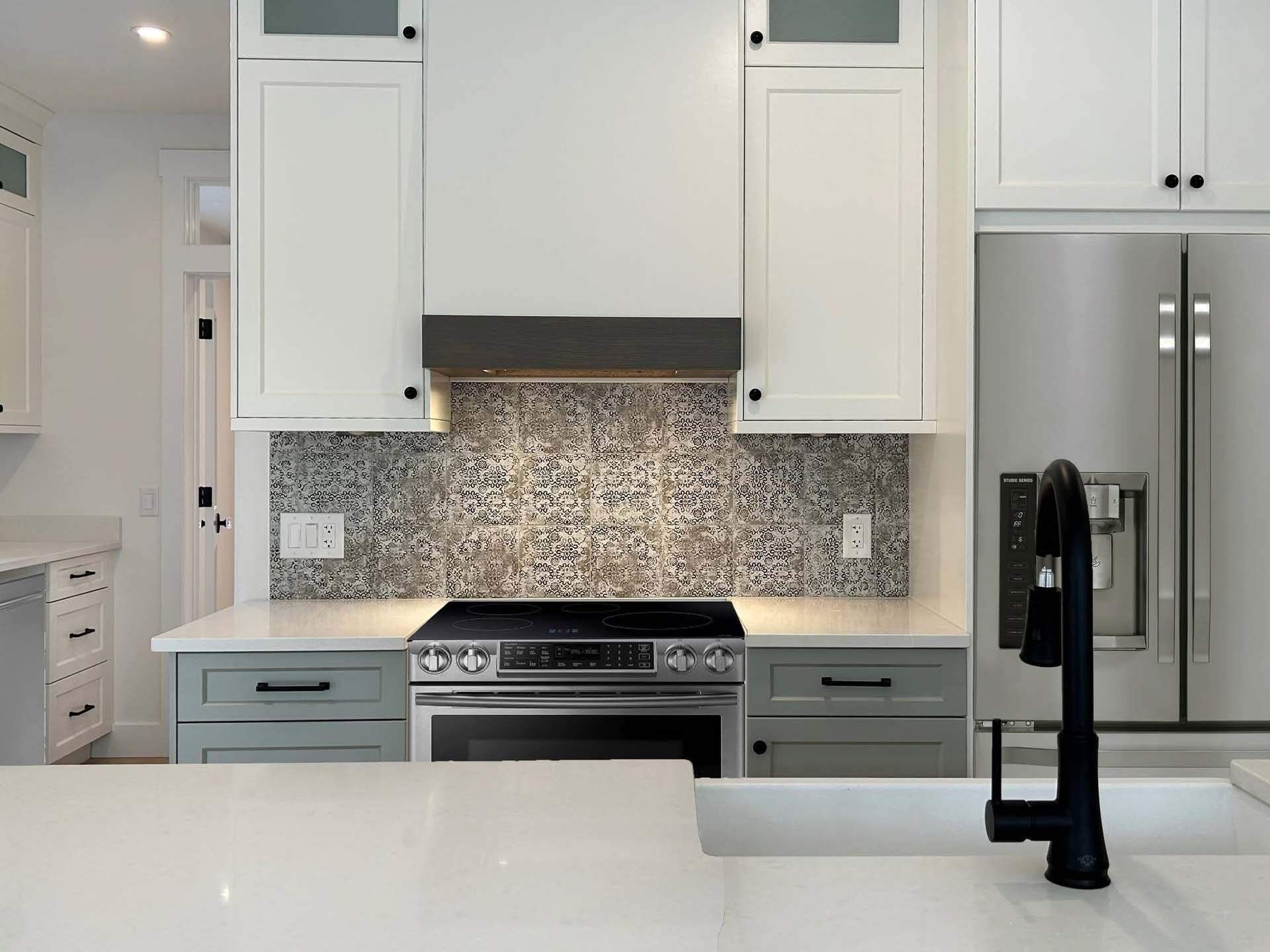 Kitchen faucet and sink with custom cabinetry