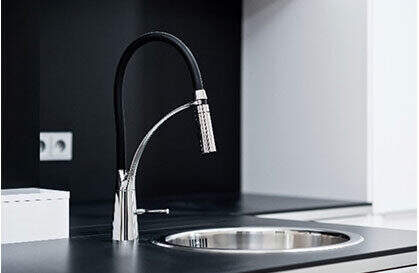 Black and chrome pull-down faucet over a stainless sink