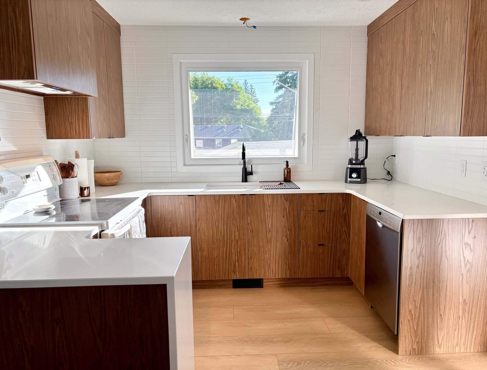 Warm wood kitchen with easy-care counters