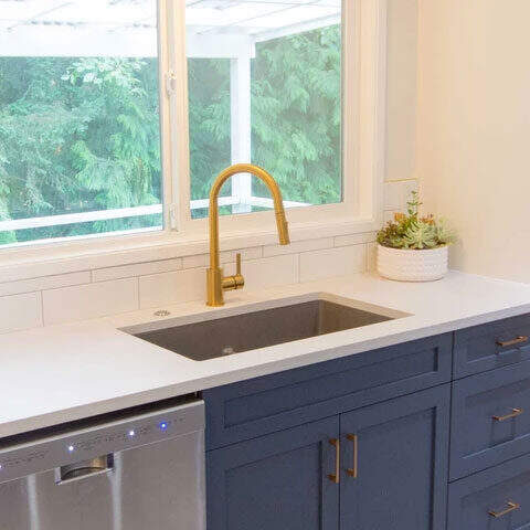 Gold pull-down faucet over a single-basin sink with accessories